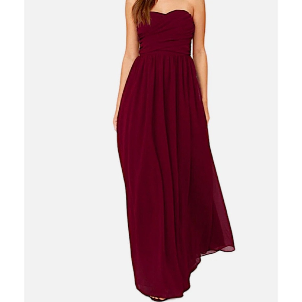 Lulus Love and Be Loved Burgundy Strapless Chiffon Flowy Maxi Dress Size M